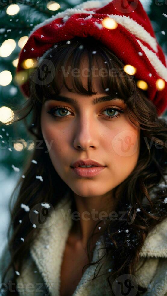 photo of a beautiful woman in a Christmas tree with Christmas trees behind her AI generated