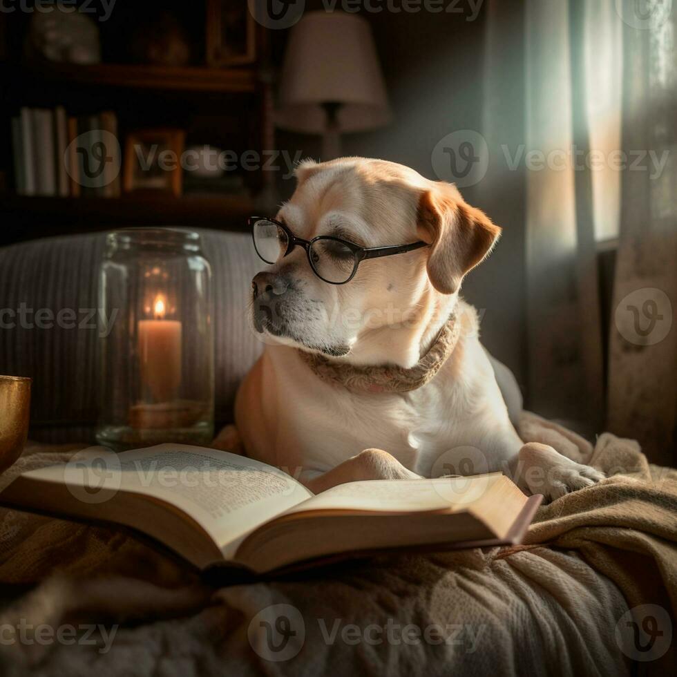 foto de un linda perro con lentes leyendo un libro ai generativo