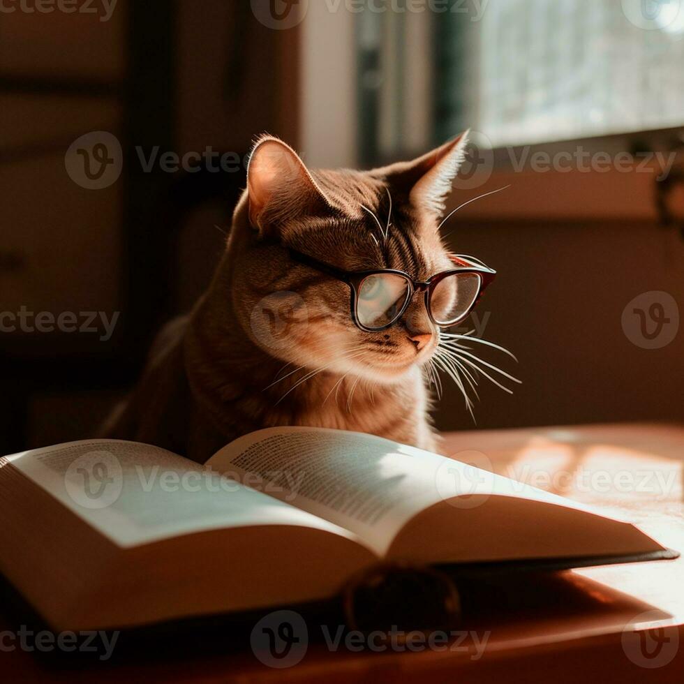 photo of a beautiful cat with glasses reading a book AI Generative