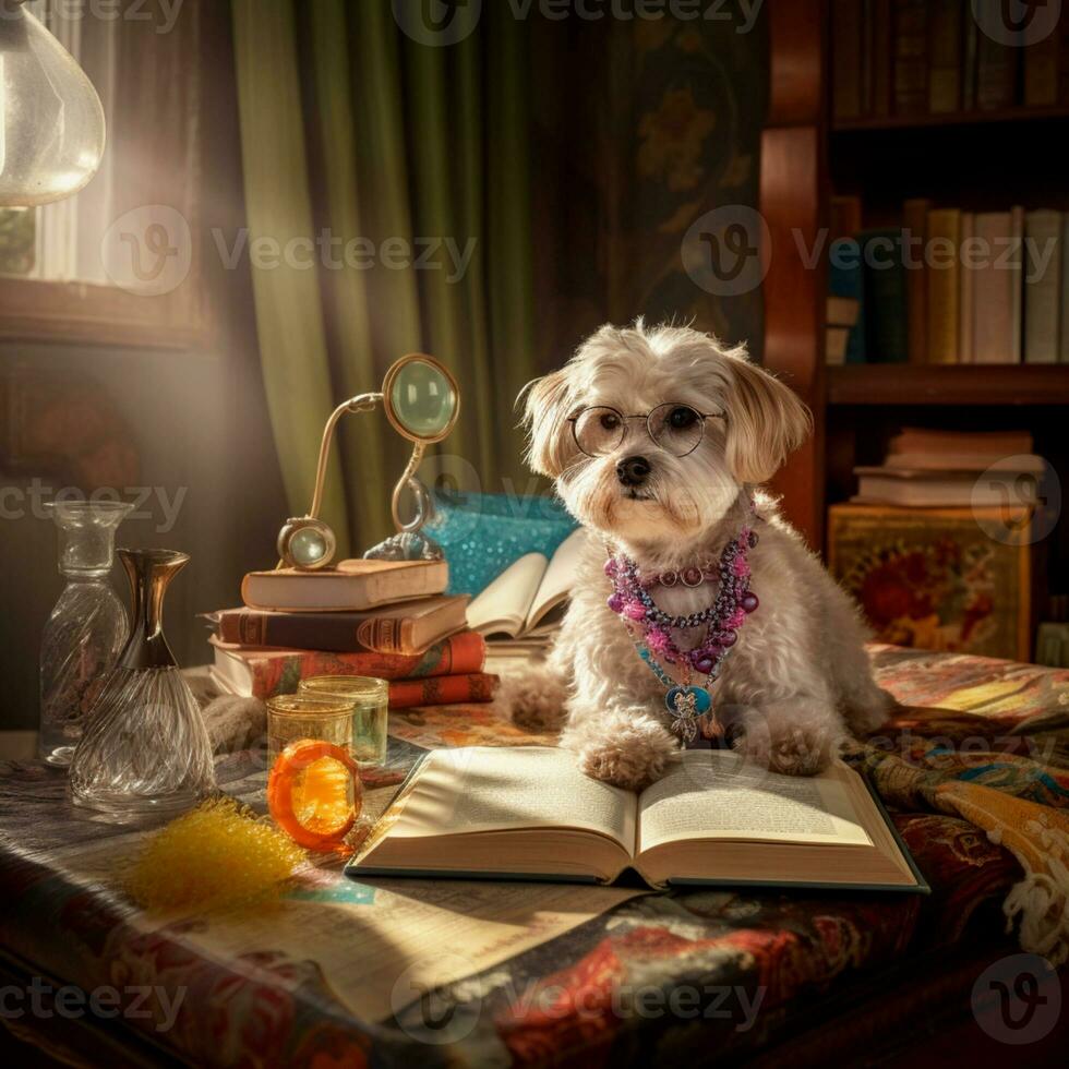 foto de un linda perro con lentes leyendo un libro ai generativo