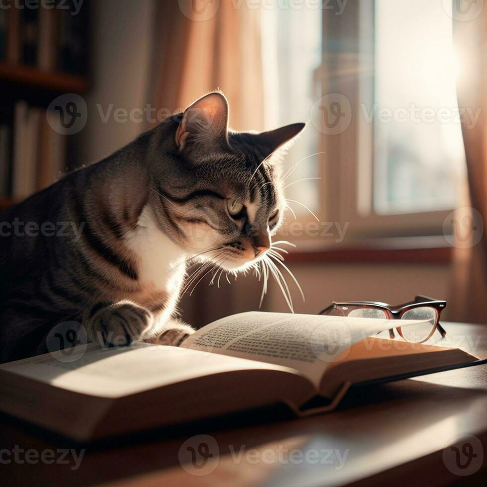 photo of a beautiful cat with glasses reading a book AI Generative