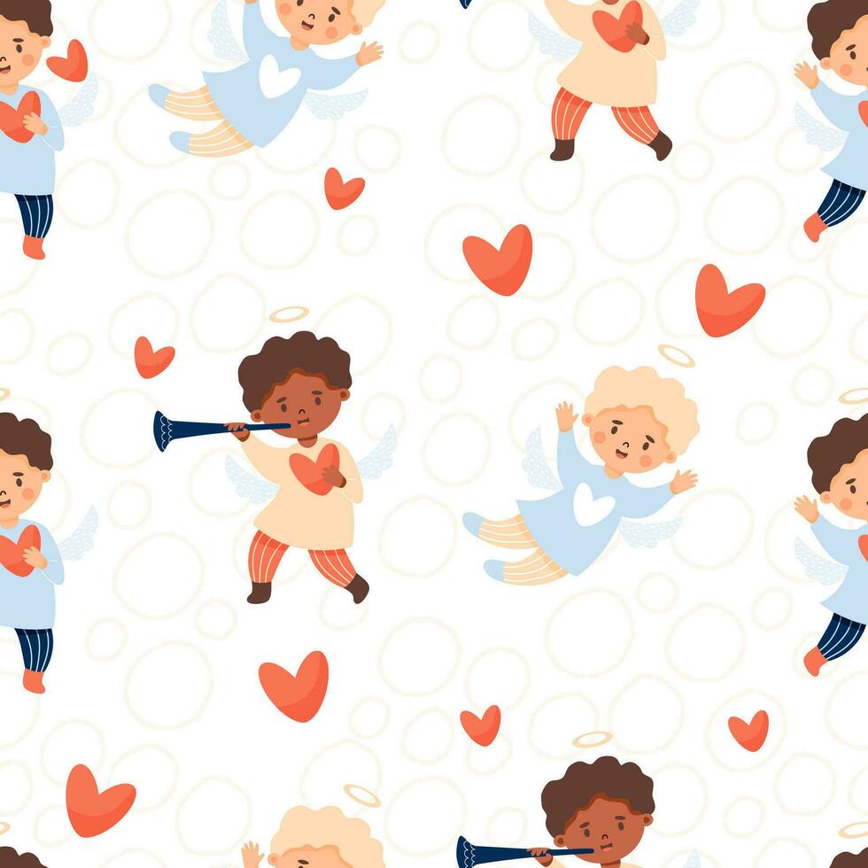 Christmas seamless pattern. Cute angel ethnic kids boy with heart and trumpet on white background. Vector illustration in cartoon style. Xmas winter children collection.
