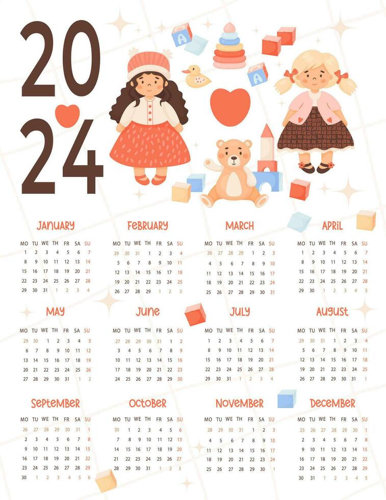 niños anual calendario 2024 linda niños juguetes, niña muñeca, felpa juguetes en dibujos animados estilo. vector vertical modelo 12 meses en inglés. semana empieza en lunes. papelería, impresión, organizador.