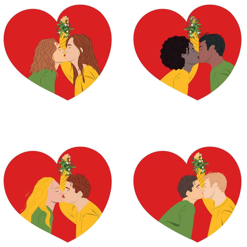 Set of couples kissing under Mistletoe. vector