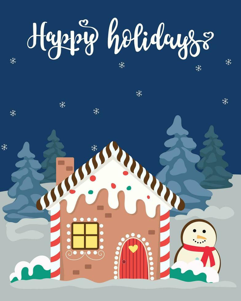 Happy holidays vertical card with gingerbread house. vector
