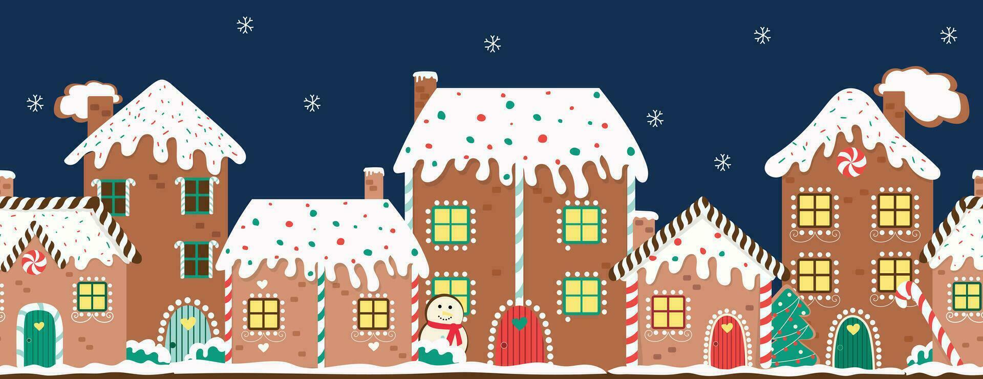 Gingerbread houses night christmas border. vector