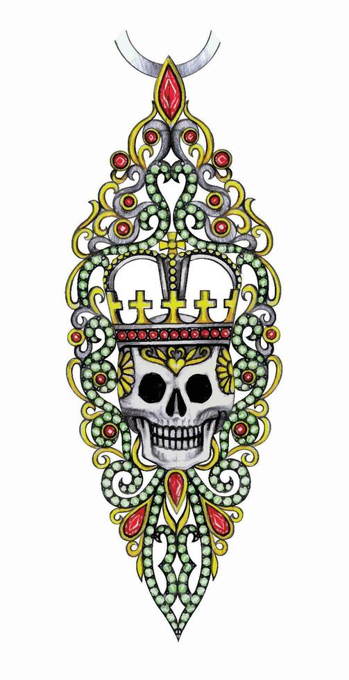 Skull pendant mix vintage set with gems and diamond hand drawing and painting make graphic vector. vector