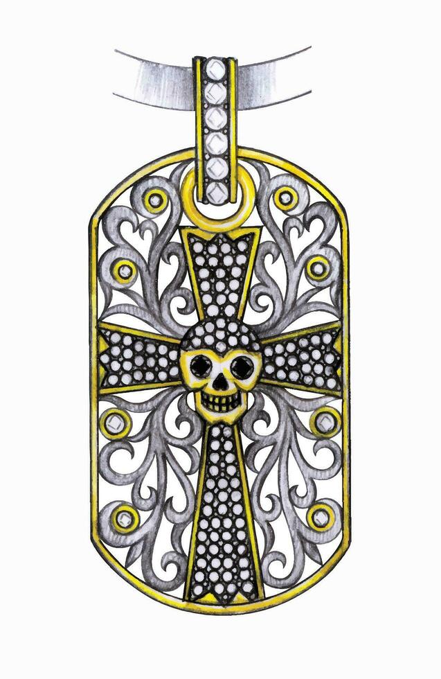 Skull cross pendant hand drawing and painting on paper make graphic vector. vector