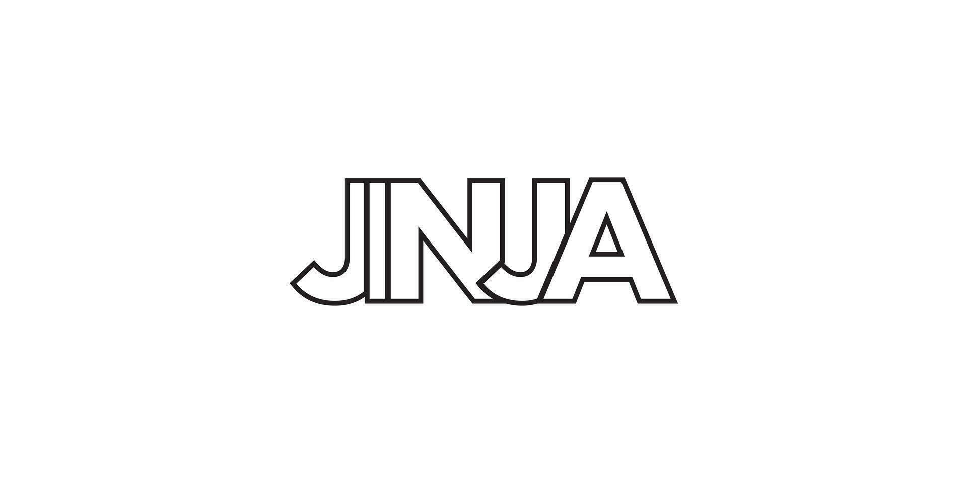 Jinja in the Uganda emblem. The design features a geometric style, vector illustration with bold typography in a modern font. The graphic slogan lettering.