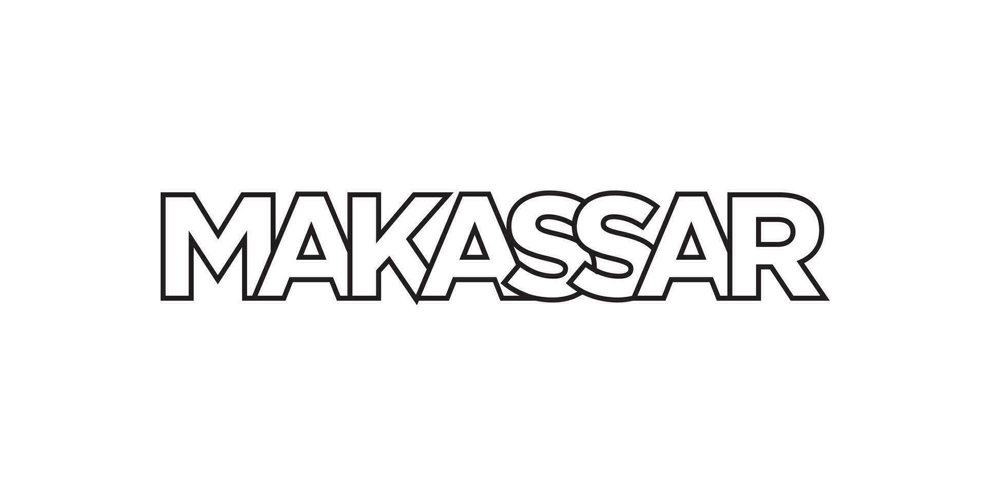 Makassar in the Indonesia emblem. The design features a geometric style, vector illustration with bold typography in a modern font. The graphic slogan lettering.
