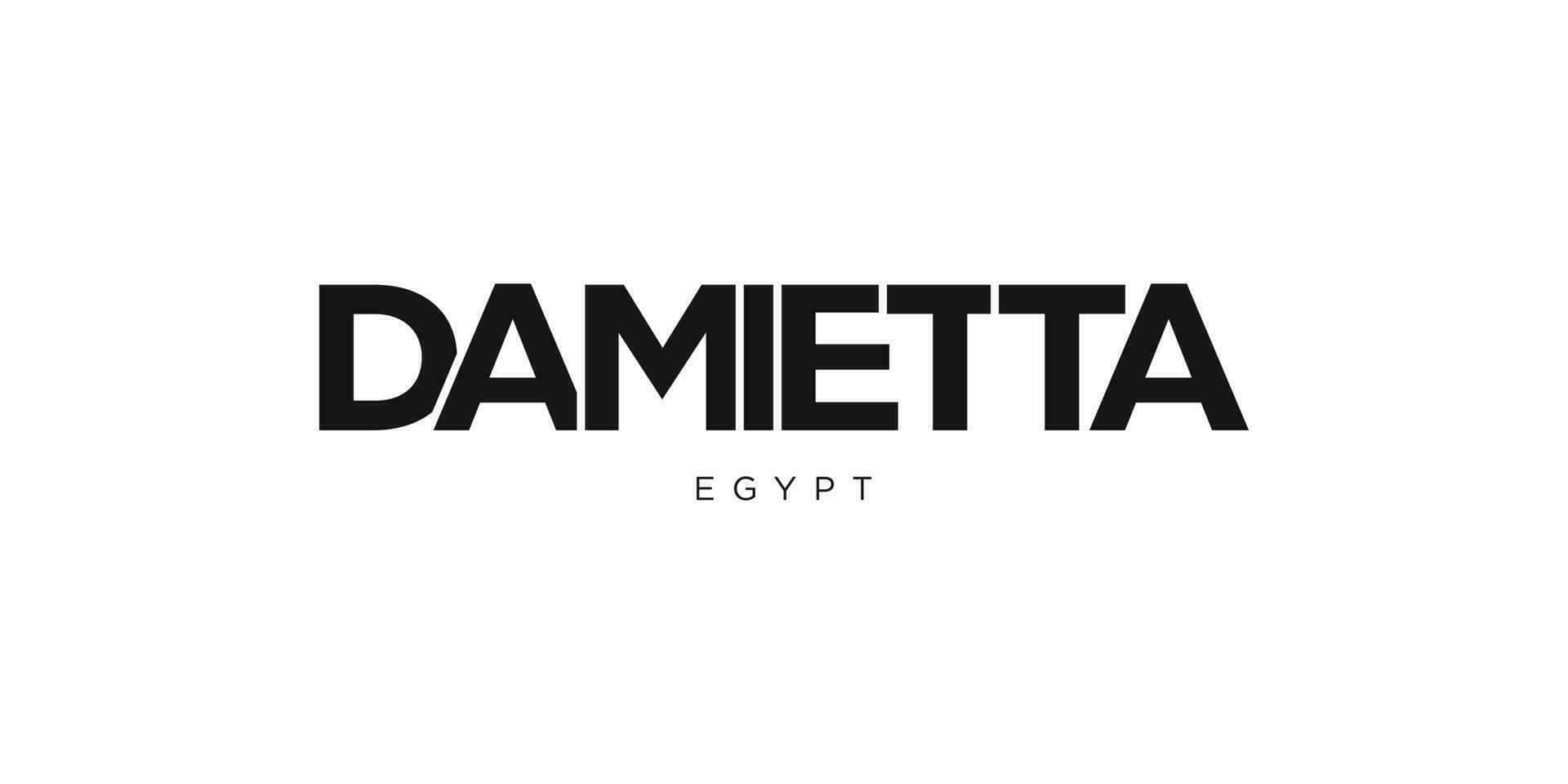 Damietta in the Egypt emblem. The design features a geometric style, vector illustration with bold typography in a modern font. The graphic slogan lettering.