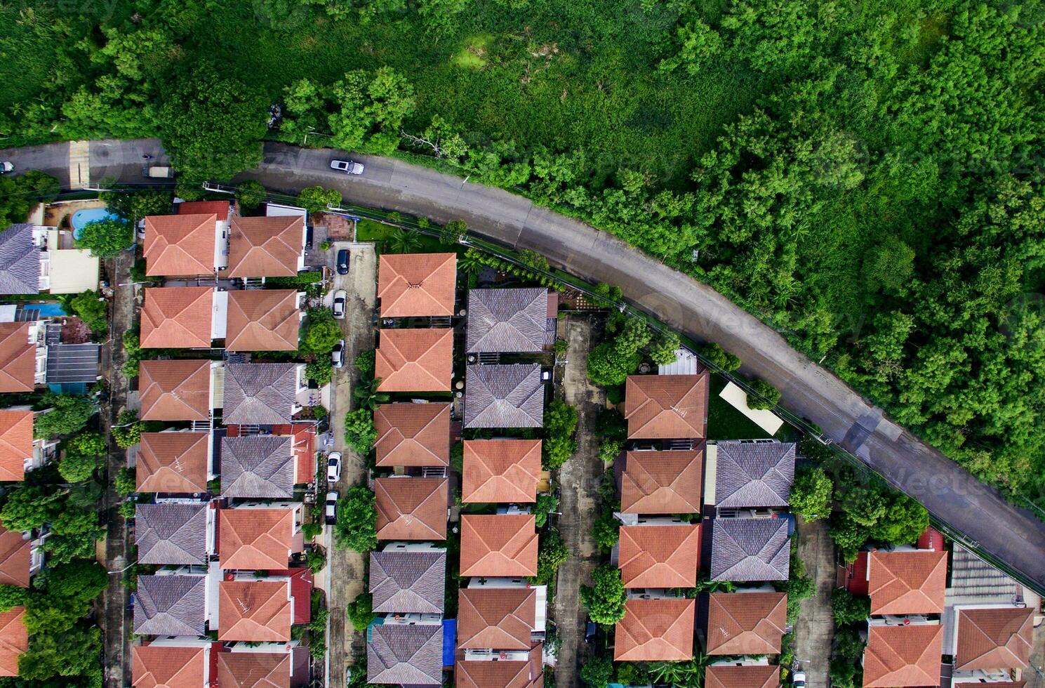 aéreo ver de hogar pueblo y verde ambiental foto