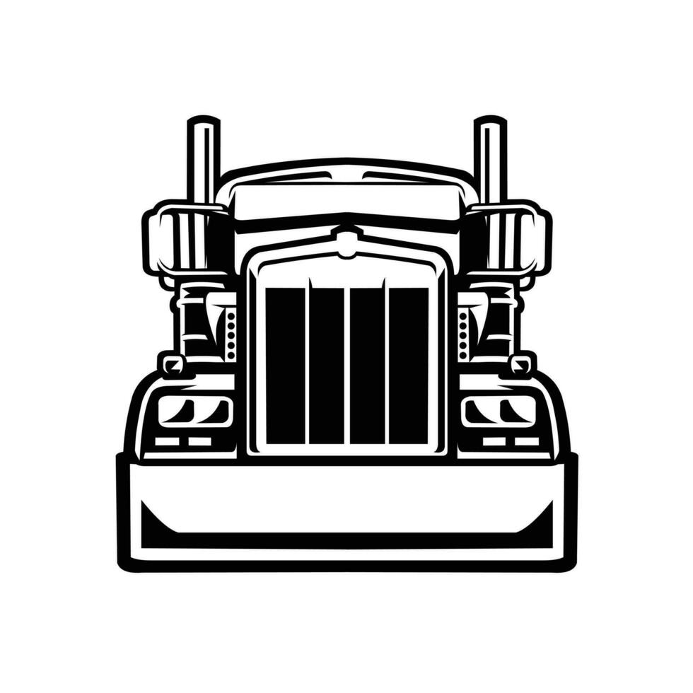 Monochrome silhouette of semi truck 18 wheeler american trucker front view vector art isolated