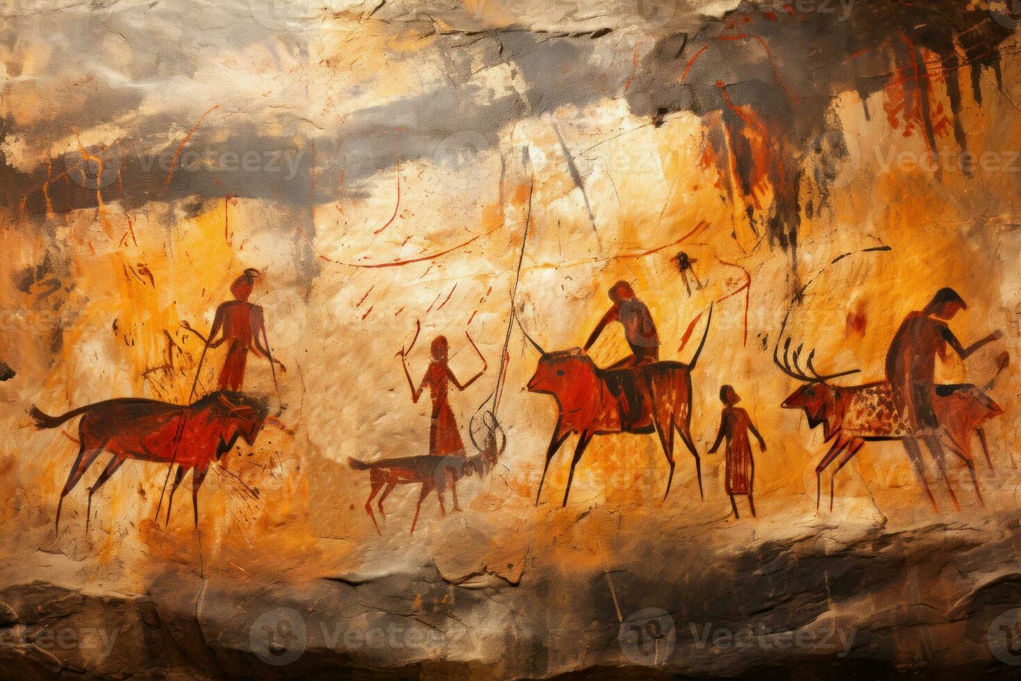 AI generated Ancient Egyptian mural. Depicting scenes from the life of the ancient Egyptians. Egyptian wall painting. Hieroglyphic carvings. Ancient culture and mythology. photo
