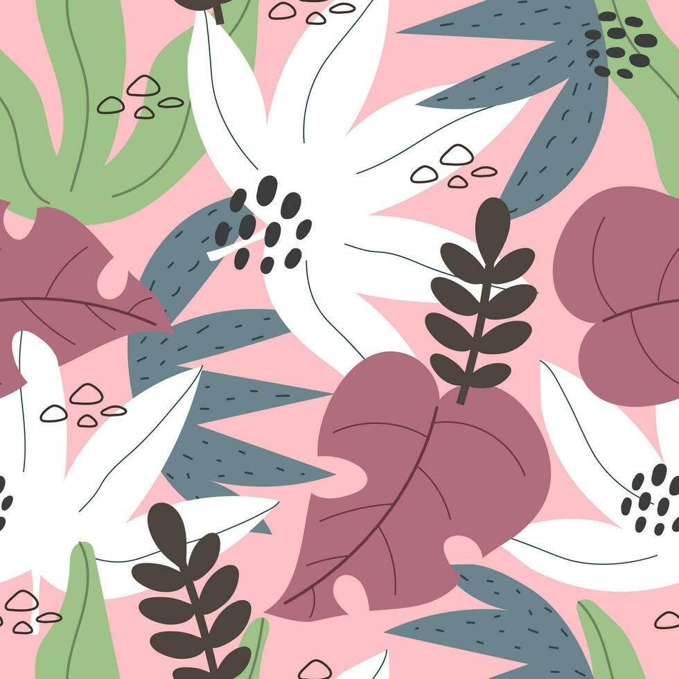 Seamless tropical pattern with leaves. Colorful vector, flat style. Jungle summer design for fabric, print, textile, wrapper. vector