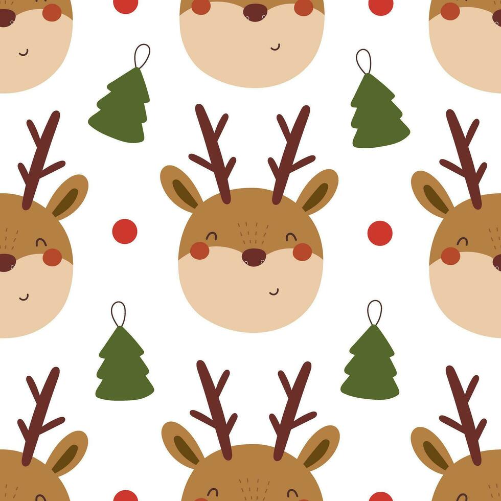 holiday seamless pattern with deer, tree, decor elements. Merry Christmas. Colorful vector, flat style. design for fabric, print, wrapper vector