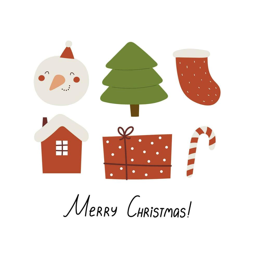 alegre Navidad. dibujos animados muñeco de nieve, Navidad árbol, calcetín, regalos, mano dibujo letras vector