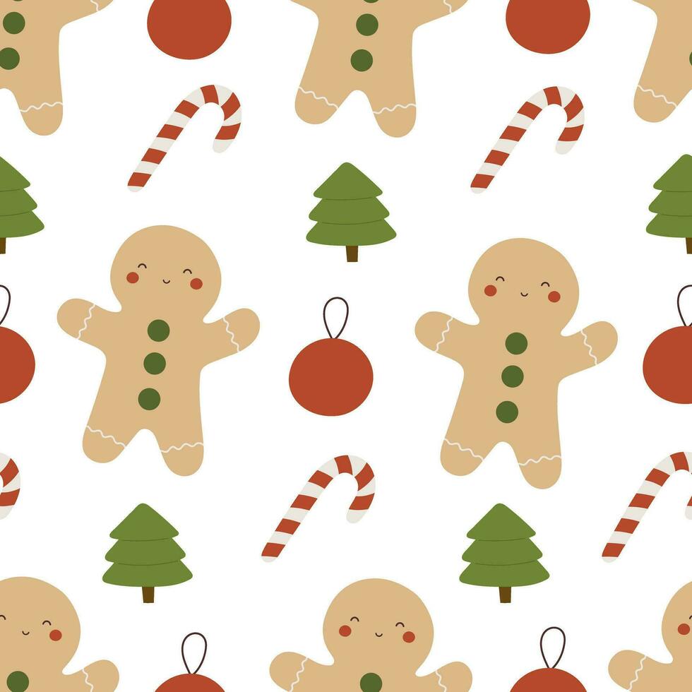 holiday seamless pattern with cartoon gingerbread man, decor elements. Merry Christmas. Colorful vector, flat style. hand drawing. design for fabric, print, wrapper vector