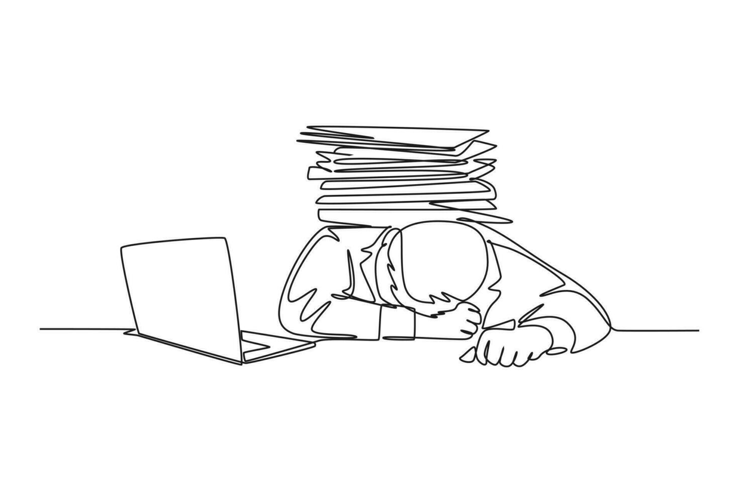 Single continuous line drawing young despair employee got crushed by pile of papers on his desk. Work overload pressure at the office concept. Dynamic one line draw graphic design vector illustration