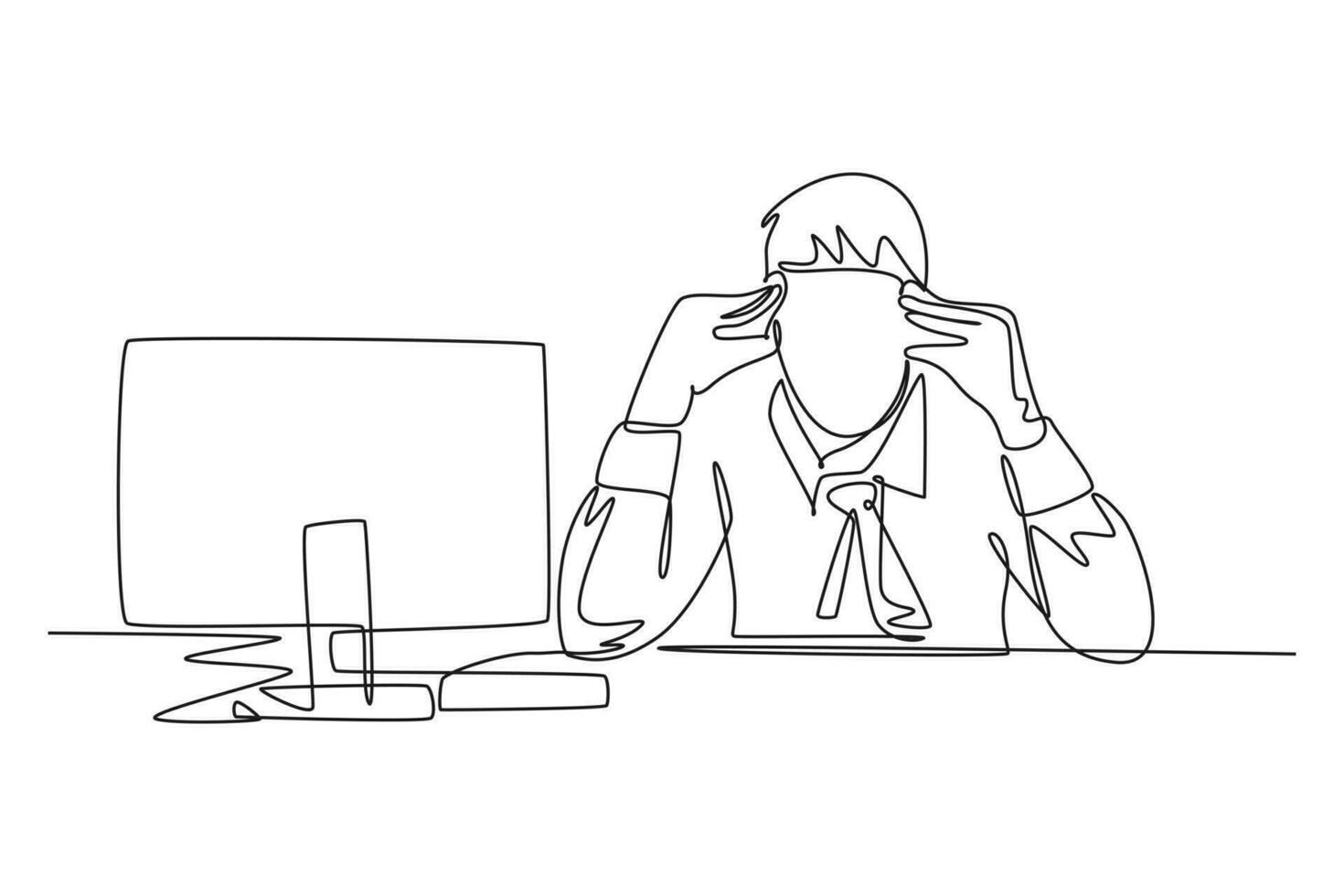 Continuous one line drawing front view of young tired businessman feel dizzy while he is working at office. Work fatigue after overload job concept. Single line draw design vector graphic illustration