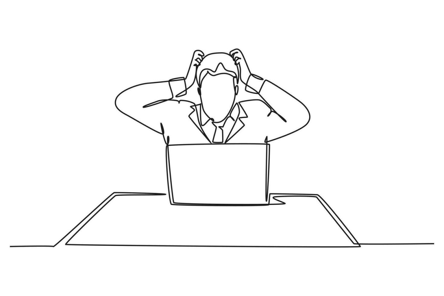 Single one line drawing young frustrated businessman got headache facing of laptop screen with project on his desk. Overtime work at the office. Continuous line draw design graphic vector illustration