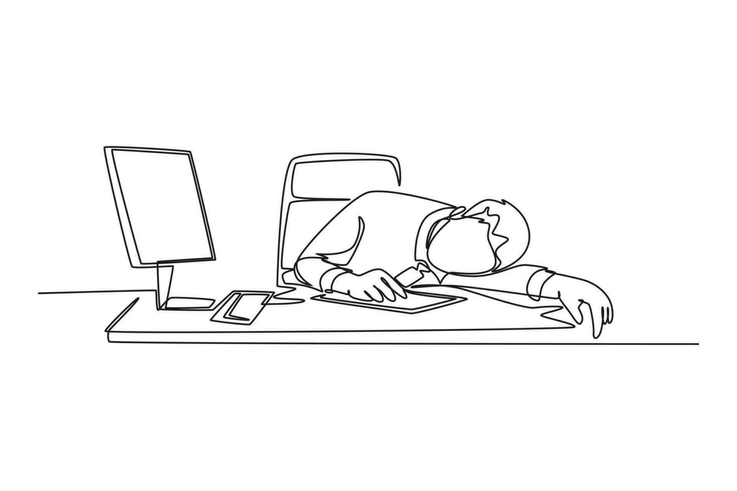 Single continuous line drawing of young tired male employee sleeping on the work desk with computer. Work overload fatigue at office concept. Dynamic one line draw graphic design vector illustration