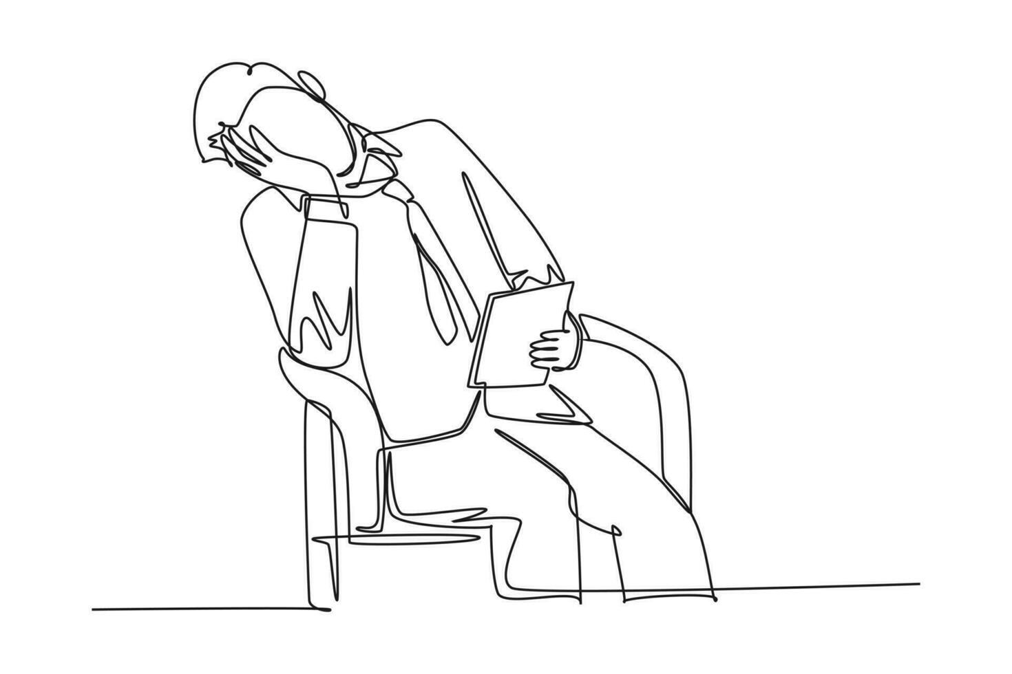 Single one line drawing of young frustrated male worker shock on work chair while he was read financial report. Business fatigue at the office. Continuous line draw design graphic vector illustration