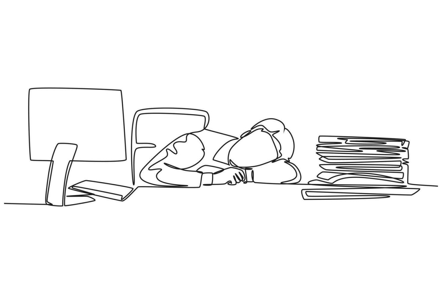 Single one line drawing of young sleepy startup CEO fall asleep on work desk while he was reading. Work overload fatigue at the office concept. Continuous line draw design graphic vector illustration