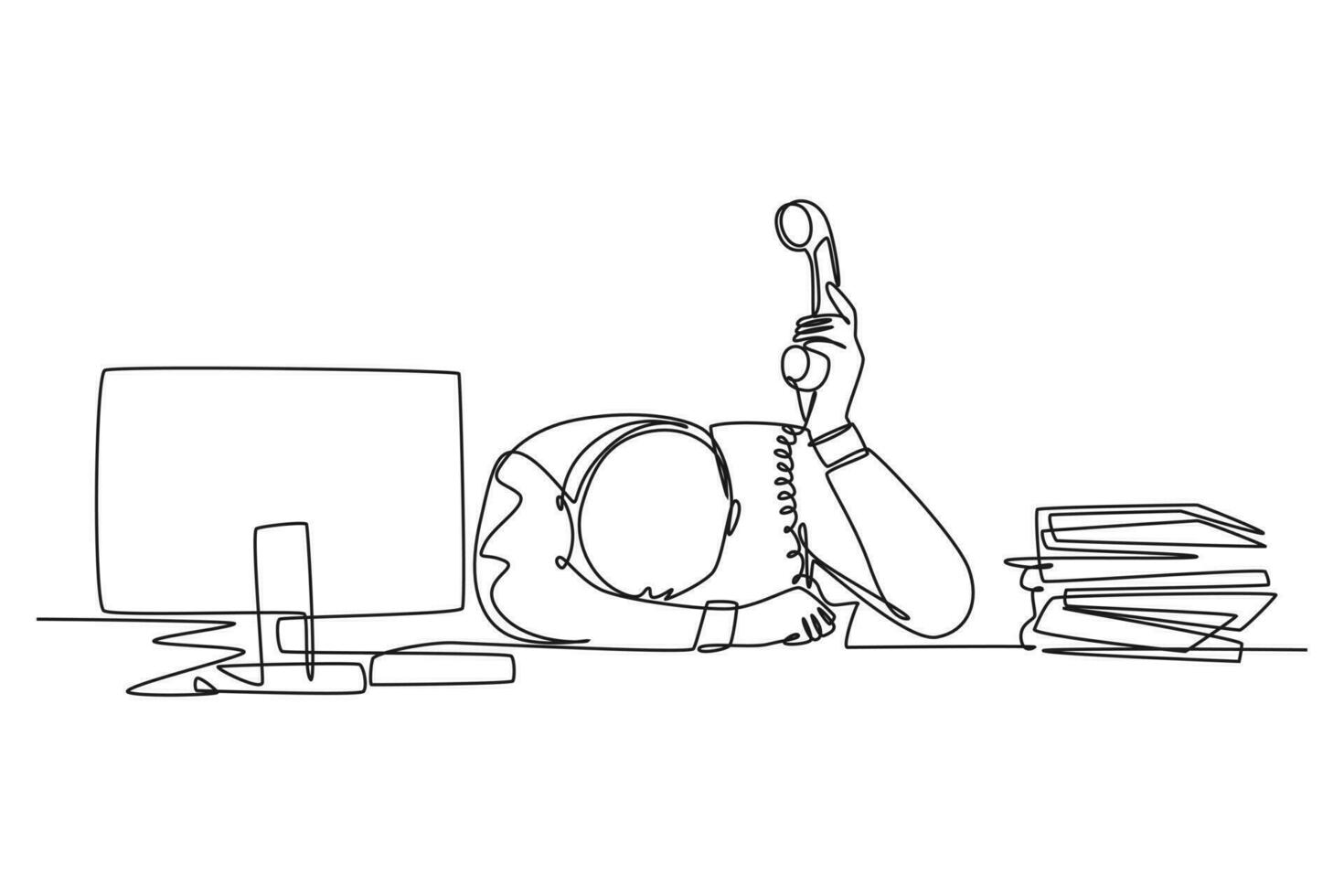 Continuous one line drawing young despair manager give up answering phone call and cover his face on the desk. Work overload at the office concept. Single line draw design vector graphic illustration