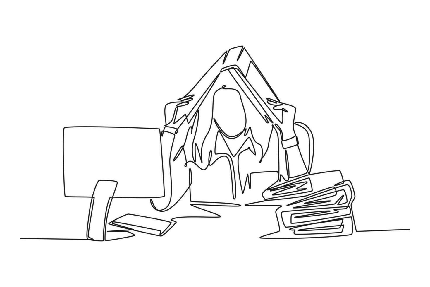 Single one line drawing of young depression female employee sitting in front of computer and stack of papers and covered her head with folder. Continuous line draw design graphic vector illustration