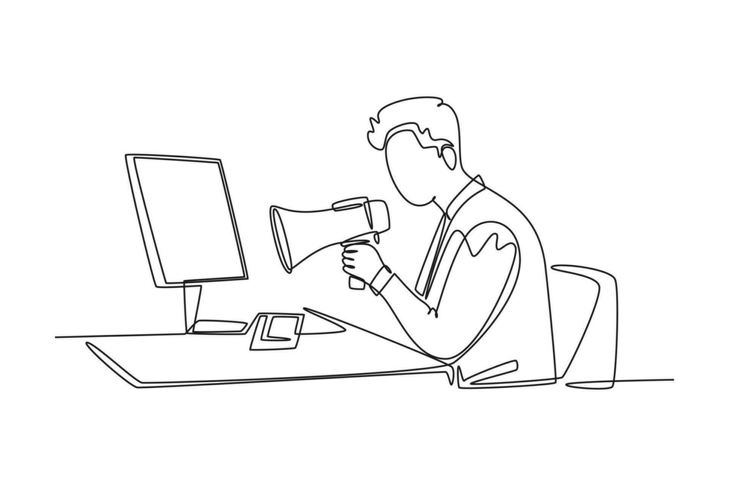 Single one line drawing young of furious male manager screaming loud on monitor computer using megaphone. Work discipline at the office concept. Continuous line draw design graphic vector illustration