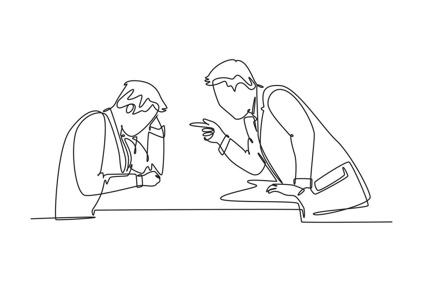 Single continuous line drawing young furious manager pointing finger to his frustrated staff and blaming the staff about bad work performance concept. One line draw graphic design vector illustration
