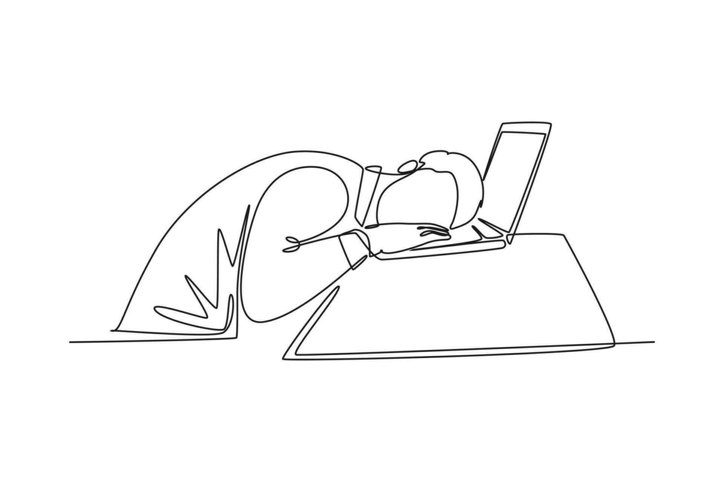 Continuous one line drawing young sleepy male worker fall asleep on laptop while he was working on his desk. Work fatigue or overload at the office. Single line draw design vector graphic illustration
