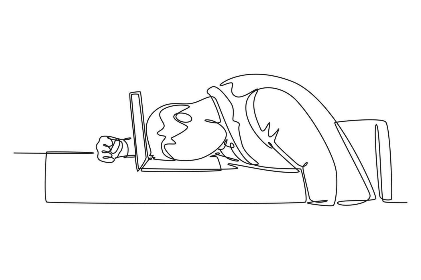 Continuous one line drawing of young despair man employee put his head on laptop desk. Worker with overload deadline pressure at the office concept. Single line draw design vector graphic illustration