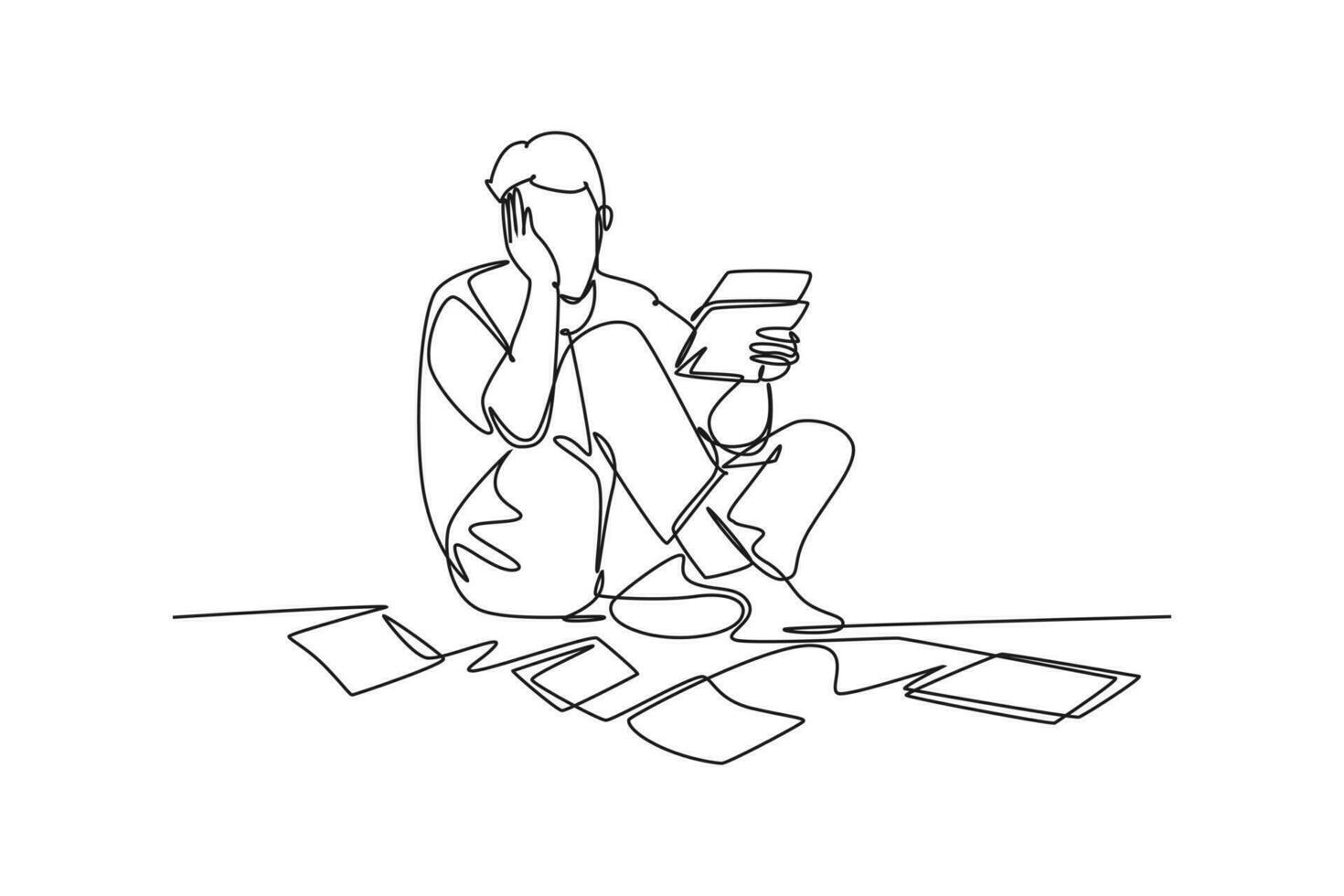 Single continuous line drawing of stressful finance manager facing pile of document papers on the floor office. Work overload project concept. Dynamic one line draw graphic design vector illustration