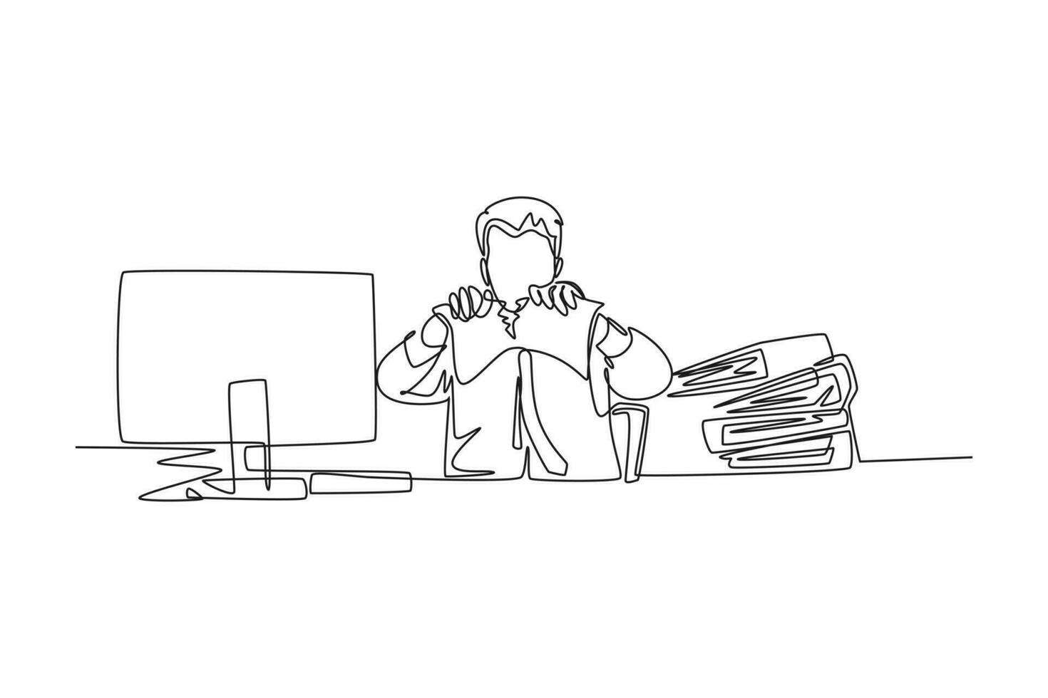 Continuous one line drawing young mad stressful businessman tearing paper in his work computer desk at his office. Business project failure concept. Single line draw design vector graphic illustration