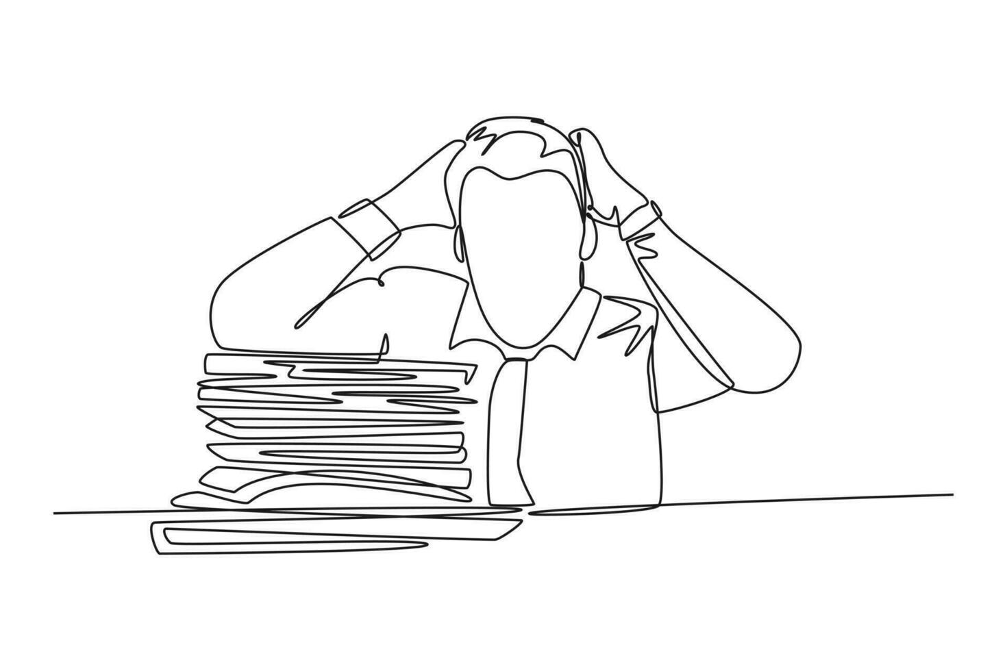 Continuous one line drawing of young frustrated businessman got headache facing pile of papers project on his desk. Overtime work at office concept. Single line draw design vector graphic illustration