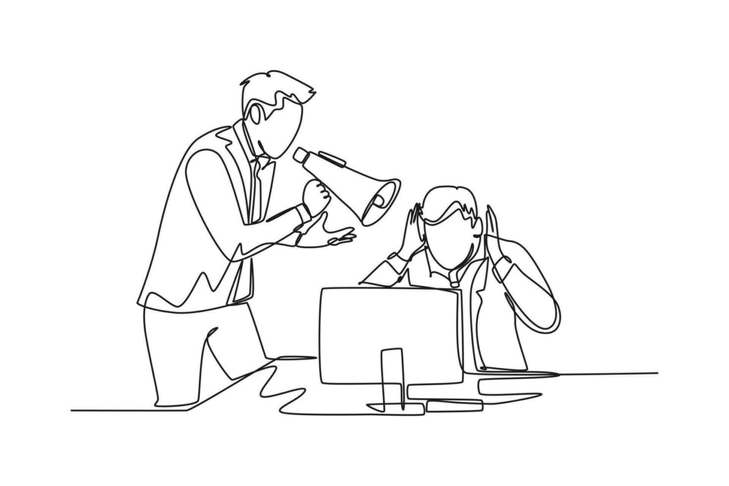 Single one line drawing young frustrated manager shouting his frightened male staff using megaphone. Work pressure at the office concept. Modern continuous line draw design graphic vector illustration