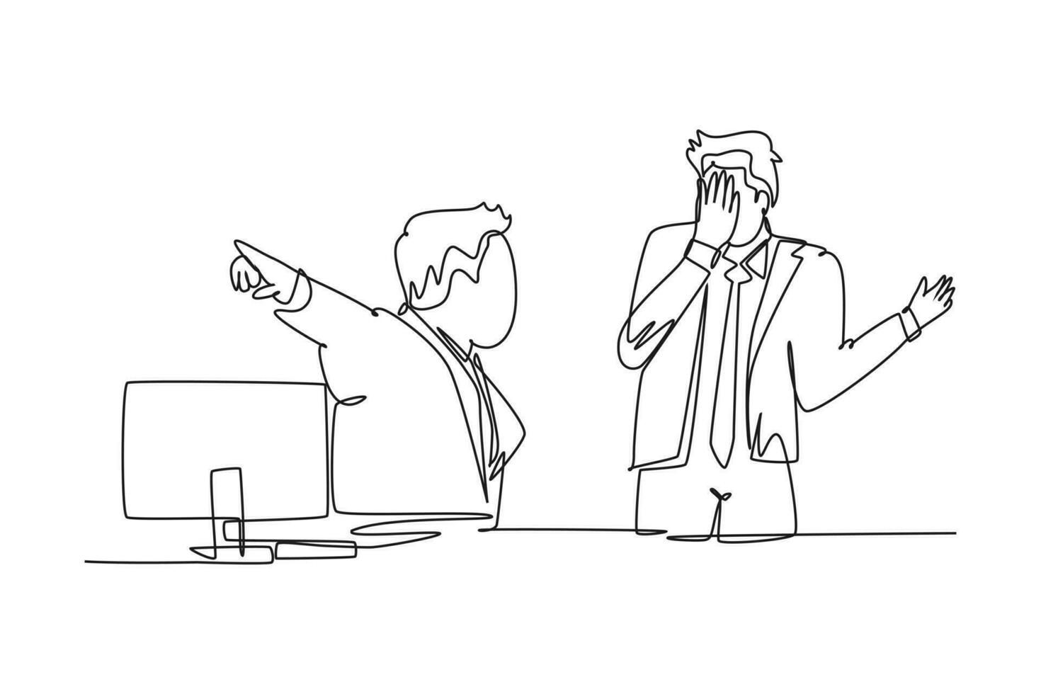 Continuous one line drawing of young angry male manager yelling and drive away his crying male staff out of the room. Job office dismissal concept. Single line draw design vector graphic illustration