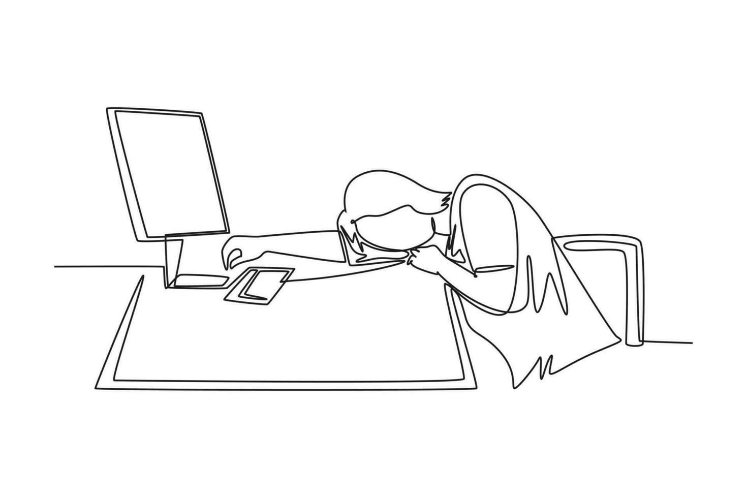 Single continuous line drawing of young tired female employee sleeping on the work desk with computer. Work fatigue or overload at the office. Dynamic one line draw graphic design vector illustration