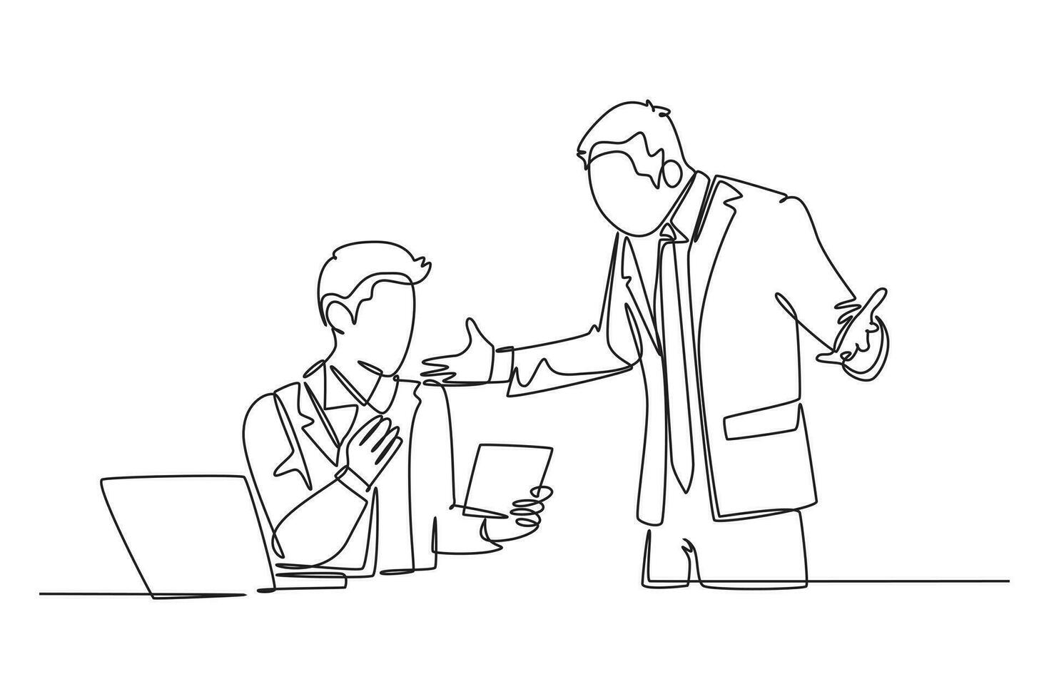 Single continuous line drawing of young upset manager asking staff about sales data performance mistakes. Work problem at the office concept. Dynamic one line draw graphic design vector illustration