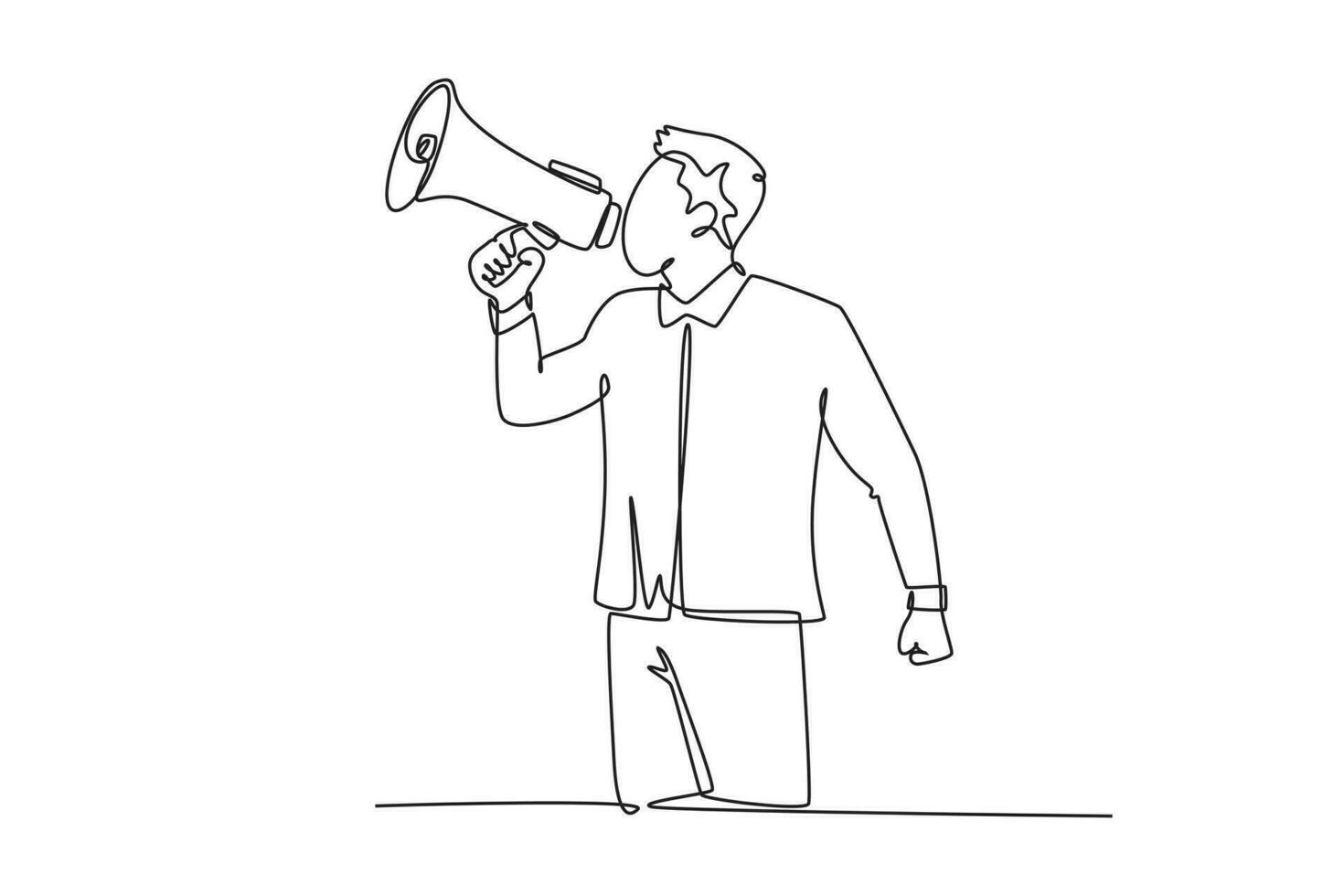 Single one line drawing young eagerness businessman shouting loudly using megaphone to train his speak. Public speaking practice concept. Modern continuous line draw design graphic vector illustration