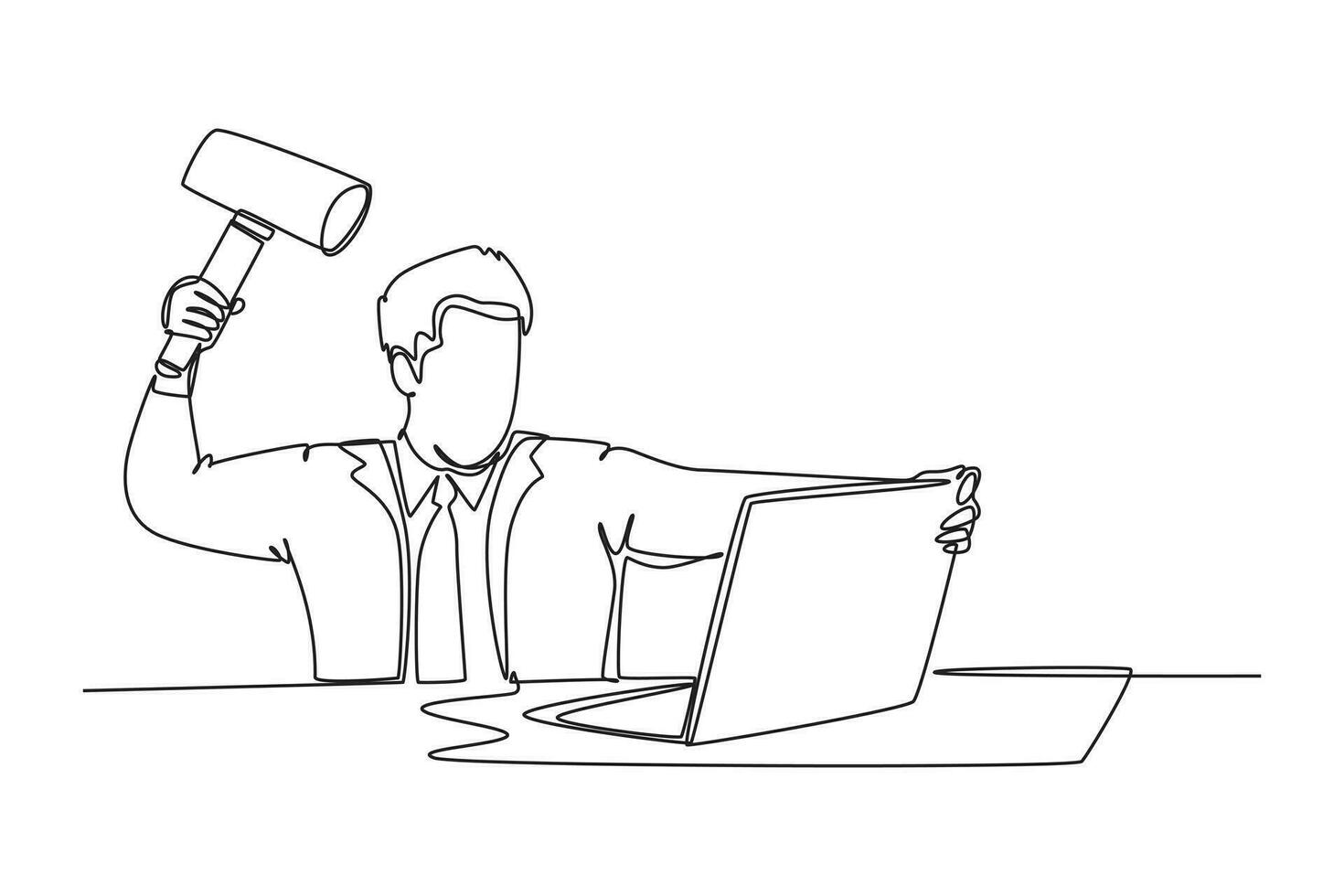 Continuous one line drawing young madness businessman ready to smack his laptop using big hammer at the office. Business risk and overload concept. Single line draw design vector graphic illustration