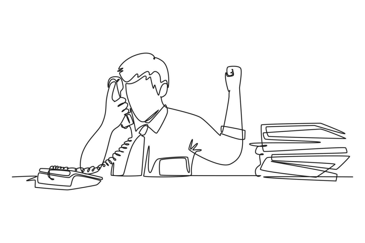 Continuous one line drawing young bored male worker receiving phone call from customer behind stack of paper. Daily overload job at office concept. Single line draw design vector graphic illustration