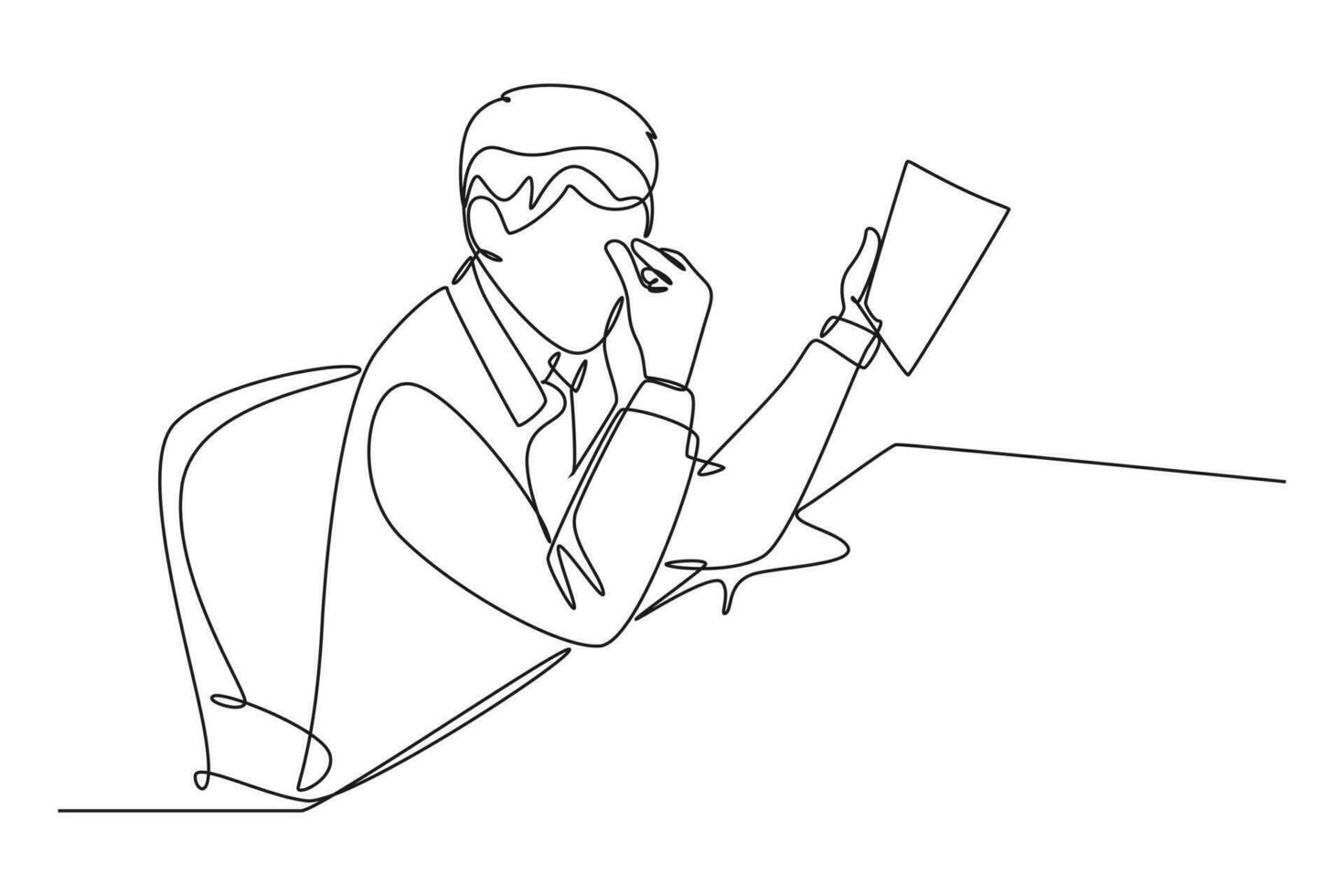 Continuous one line drawing of young despair employee got headache reading of document papers on his desk. Work overload pressure at office concept. Single line draw design vector graphic illustration