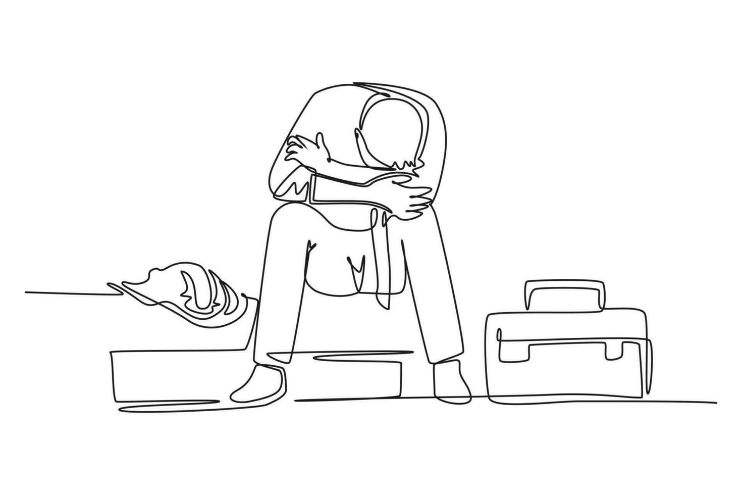 Single continuous line drawing of young depressed male manager bowed limply on chair after he got sacked from the work office. Job dismissal concept. One line draw graphic design vector illustration