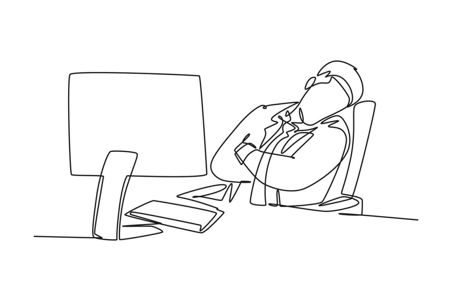 Single one line drawing of young sleepy businessman fall asleep on office chair with computer turn on at work desk. Work fatigue concept. Modern continuous line draw design graphic vector illustration