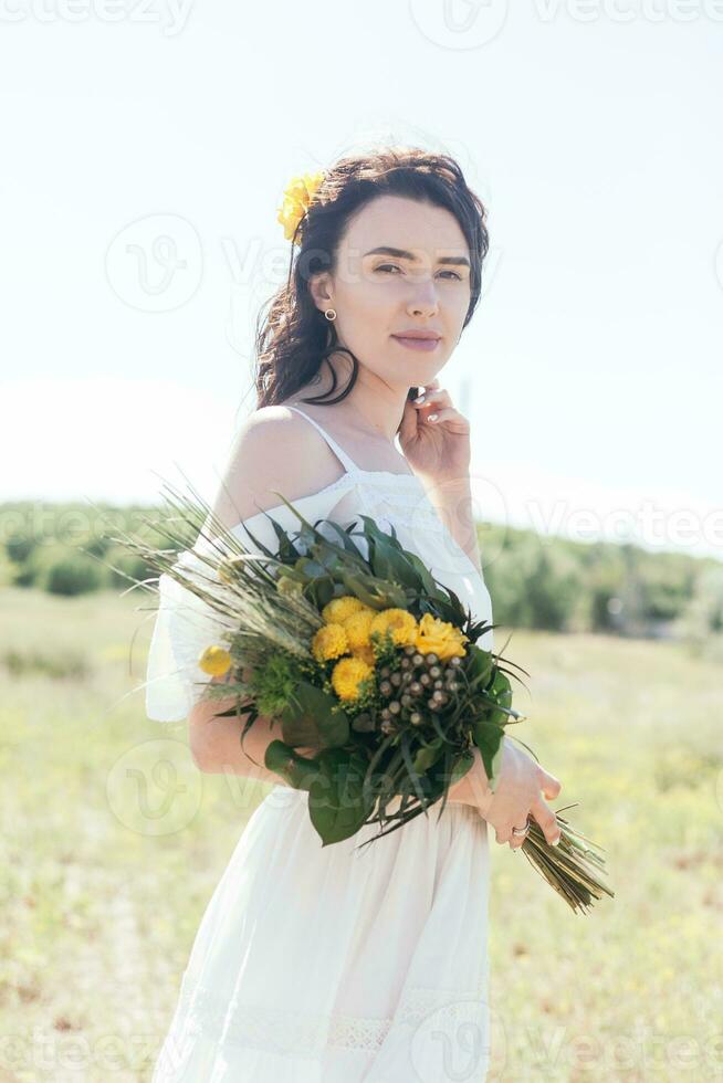 Wedding walk in the pine forest. Sunny day. photo