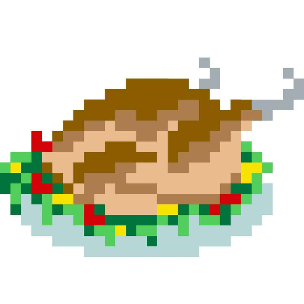 Chicken baked cartoon icon in pixel style vector