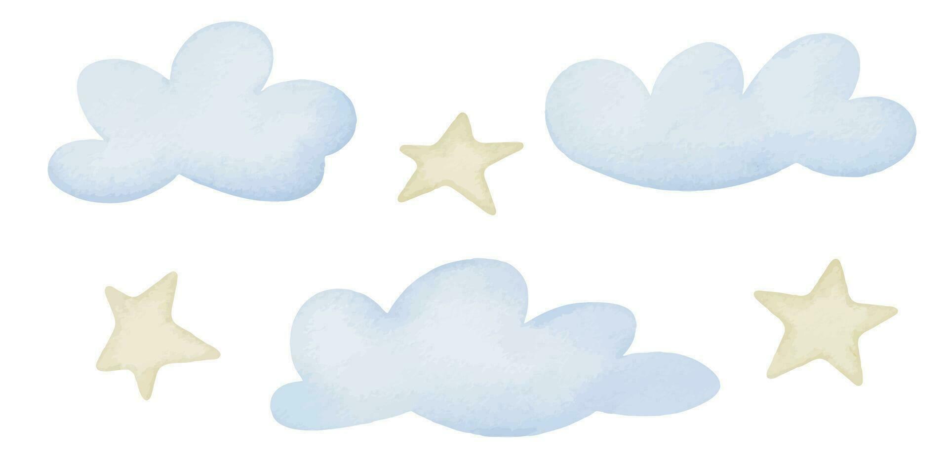 nubes y estrellas colocar. acuarela ilustración de cielo. mano dibujado linda bebé clipart en aislado antecedentes. bosquejo en un sencillo para niños estilo. para guardería pared Arte pegatinas y niños pijama diseño vector